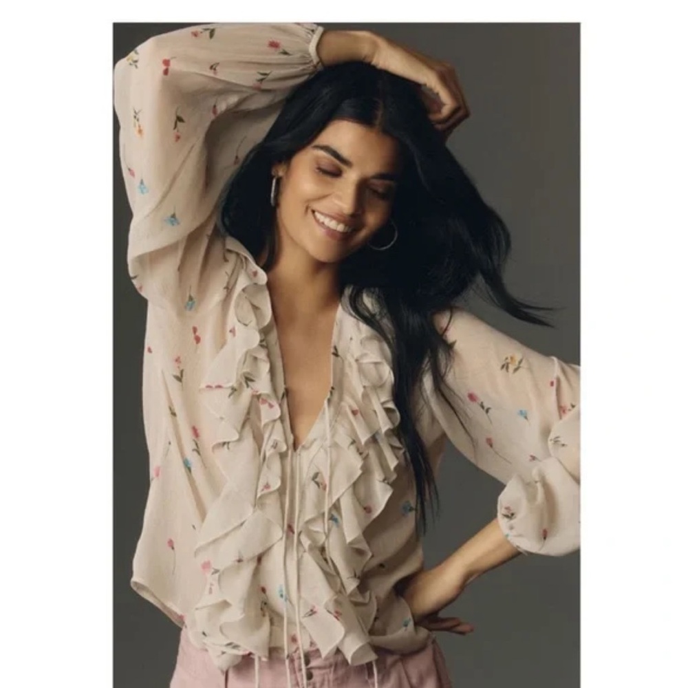 Anthropologie Post Floral Ruffle Blouse Ivory Multicolor Flowers Semi Sheer M